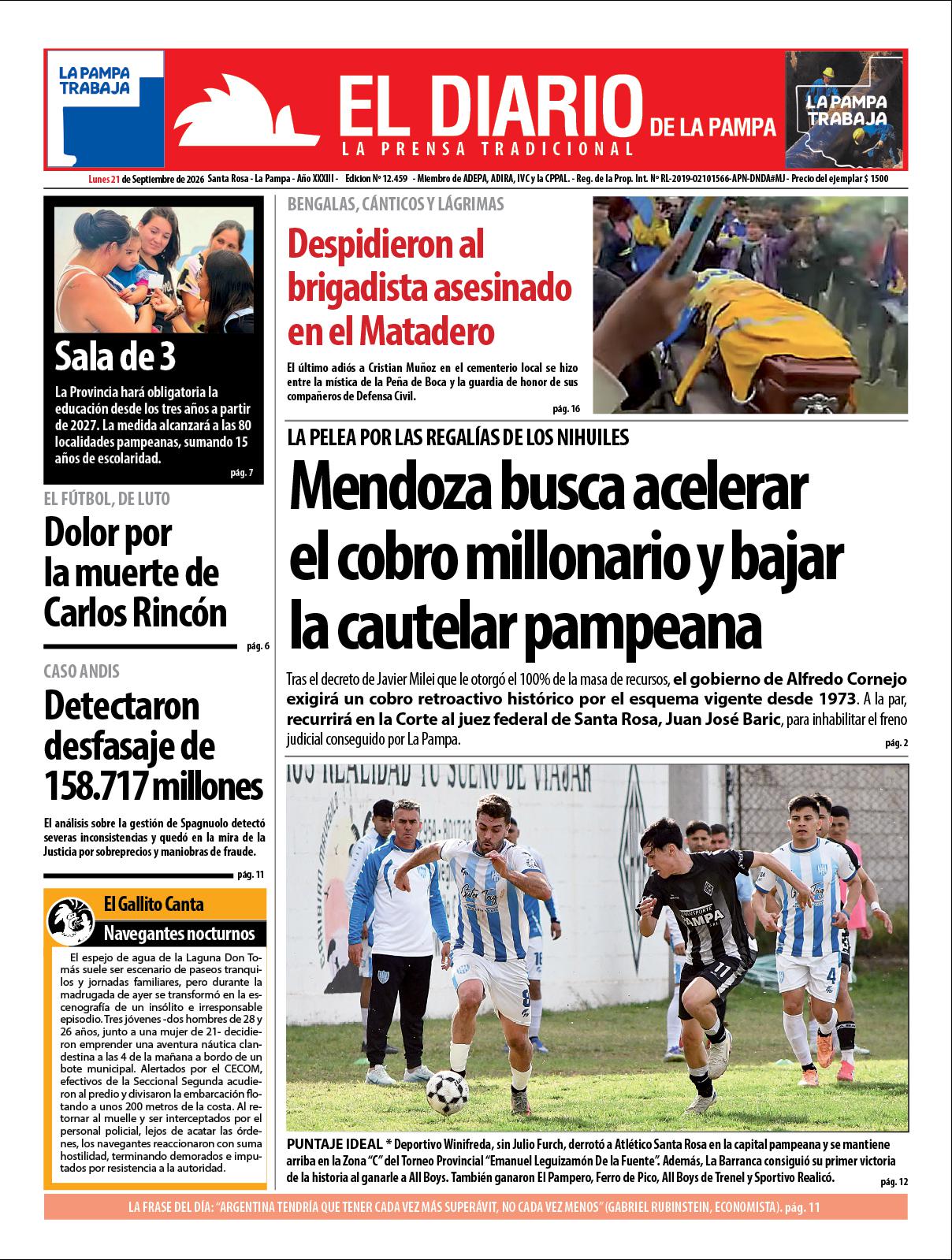 Tapa de El Diario en papel  lunes 21 de septiembre de 2026